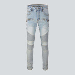 Bleached wash men biker jeans