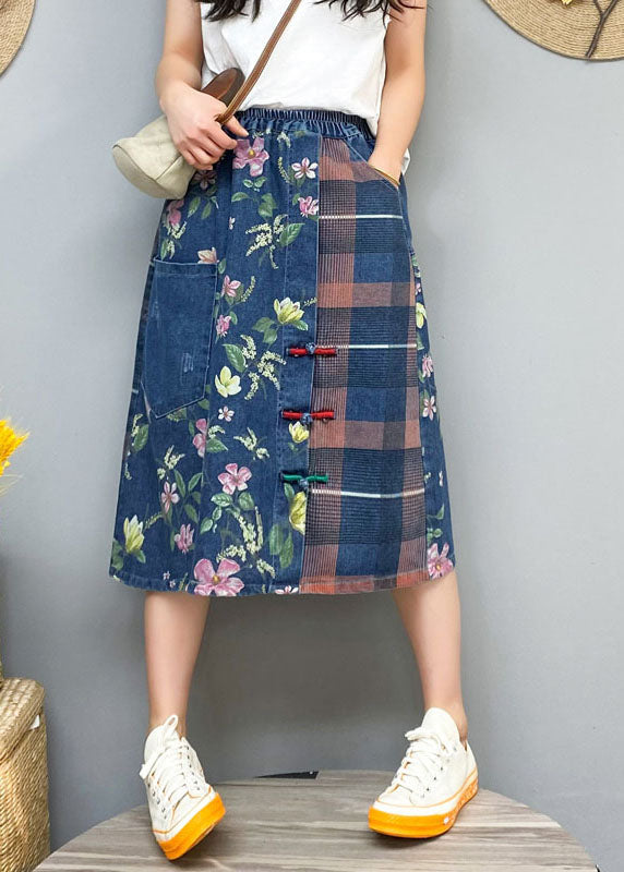 Blue Button Print Patchwork denim Skirt