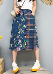 Blue Button Print Patchwork denim Skirt