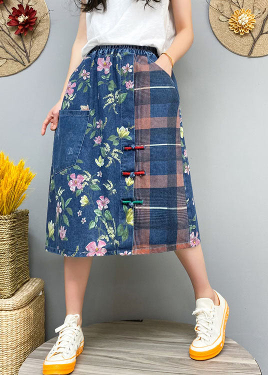 Blue Button Print Patchwork denim Skirt