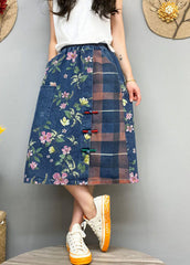 Blue Button Print Patchwork denim Skirt