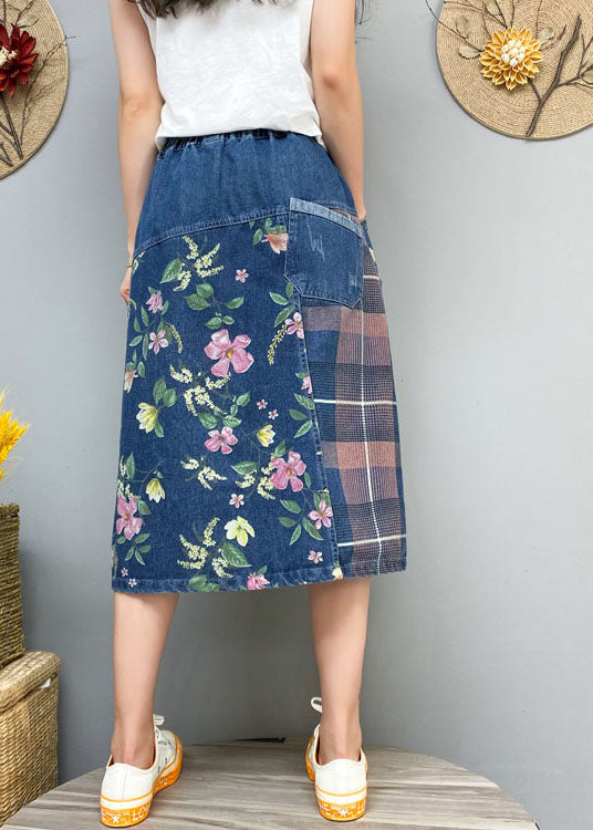 Blue Button Print Patchwork denim Skirt