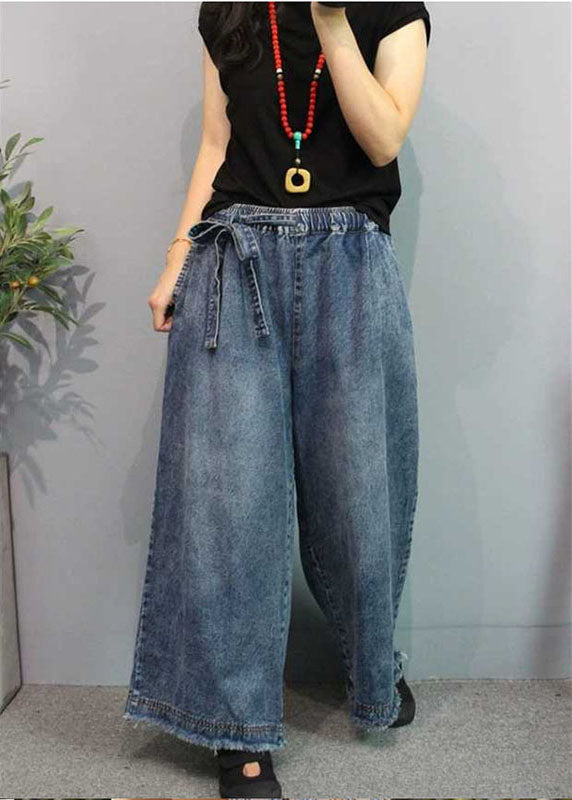 Blue Casual Retro Pockets Tie Waist Fall Wide Leg Denim Pants