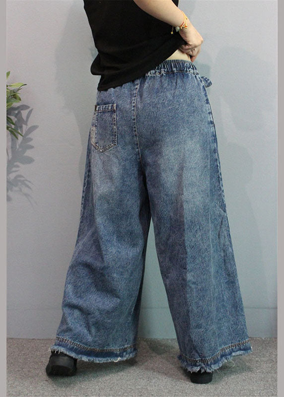 Blue Casual Retro Pockets Tie Waist Fall Wide Leg Denim Pants