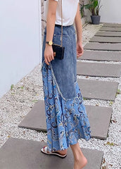 Blue Denim Patchwork High Waist Button Maxi Skir