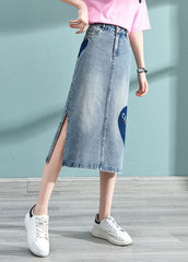 Blue Love Printing Wrap Cotton Denim Skirt High Waist Pockets