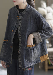 Blue Patchwork Cotton Denim Coats Stand Collar Oriental Button Fall