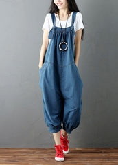 Blue Patchwork Denim Jumpsuits Pants Pockets Wrinkled