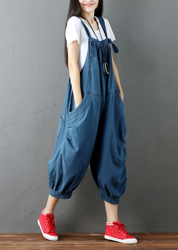 Blue Patchwork Denim Jumpsuits Pants Pockets Wrinkled