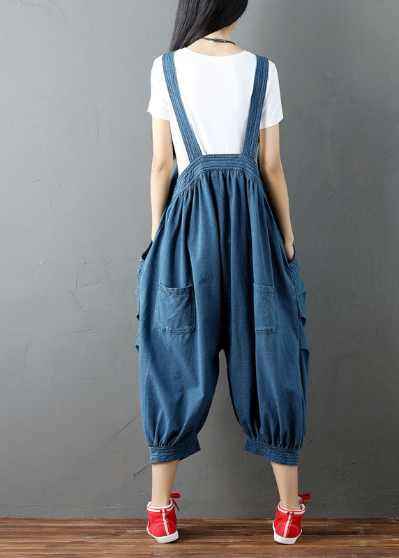 Blue Patchwork Denim Jumpsuits Pants Pockets Wrinkled