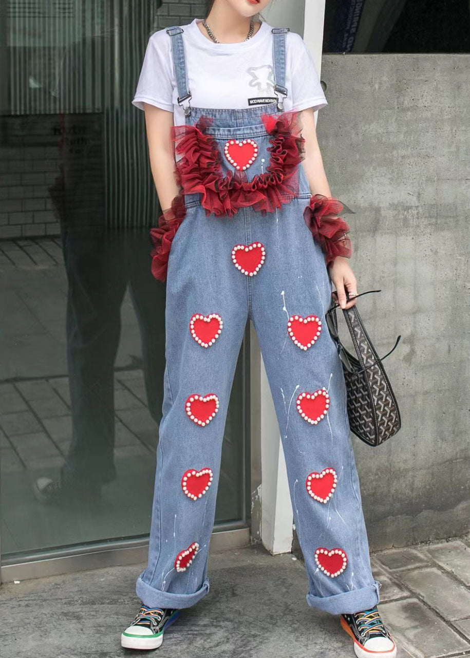 Blue Patchwork Spaghetti Strap Denim Jumpsuits Tulle Ruffled Heart Nail Bead