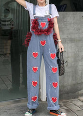 Blue Patchwork Spaghetti Strap Denim Jumpsuits Tulle Ruffled Heart Nail Bead