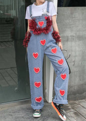 Blue Patchwork Spaghetti Strap Denim Jumpsuits Tulle Ruffled Heart Nail Bead