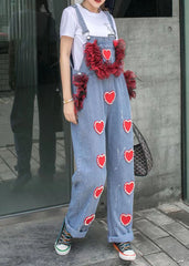 Blue Patchwork Spaghetti Strap Denim Jumpsuits Tulle Ruffled Heart Nail Bead