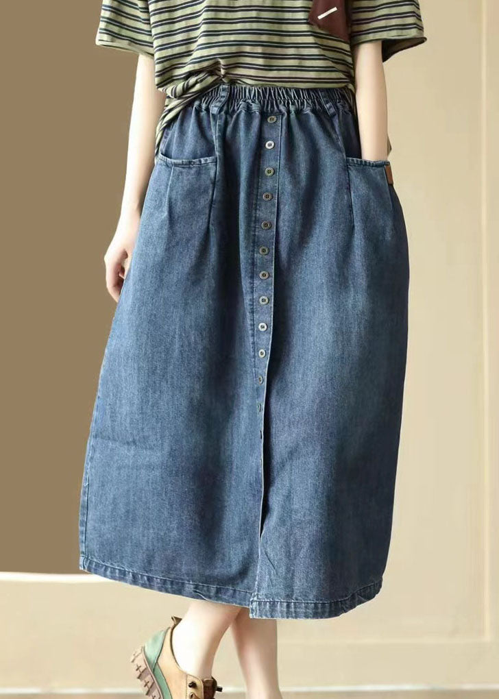 Blue Pockets Patchwork Denim Skirts Wrinkled Elastic Waist