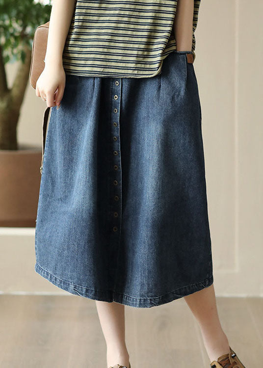 Blue Pockets Patchwork Denim Skirts Wrinkled Elastic Waist