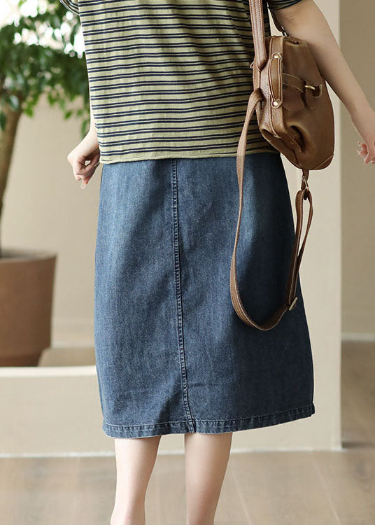 Blue Pockets Patchwork Denim Skirts Wrinkled Elastic Waist