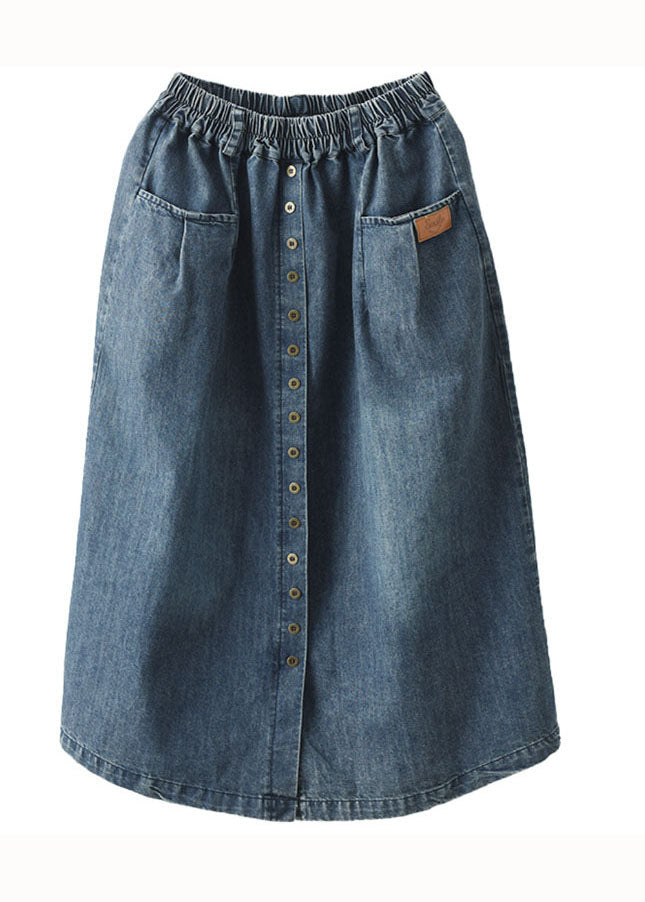 Blue Pockets Patchwork Denim Skirts Wrinkled Elastic Waist