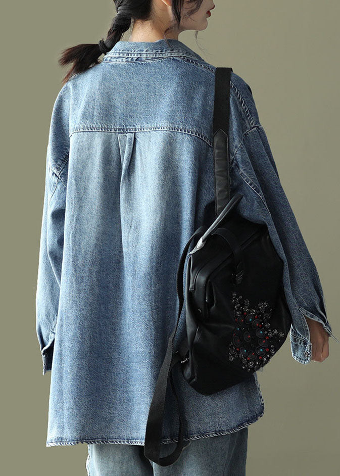 Blue Pockets Print Patchwork Denim Coats Peter Pan Collar