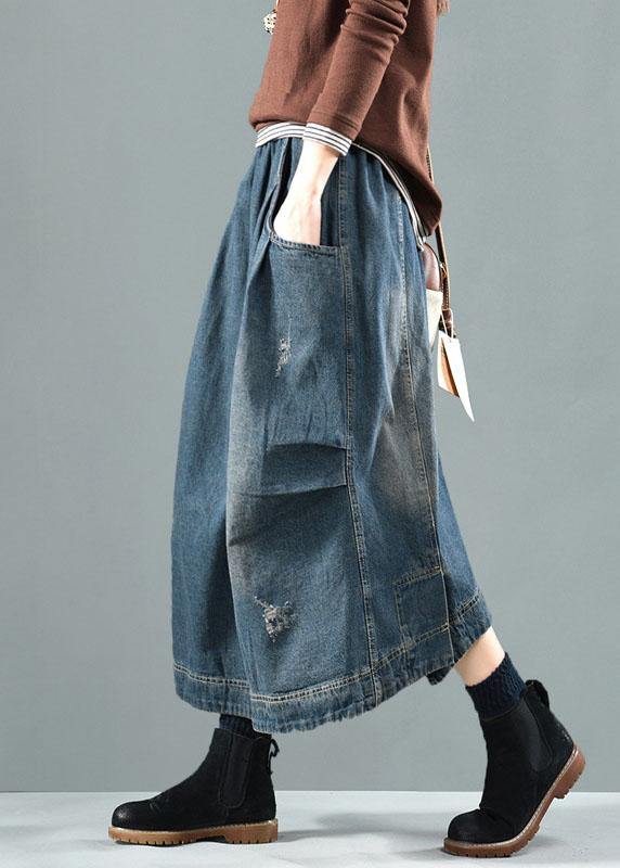 Blue-Pearl Pockets Retro Patchwork Skirts Denim