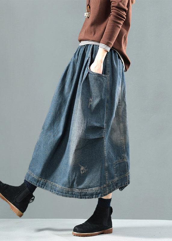 Blue-white flower Pockets Retro Patchwork Skirts Denim