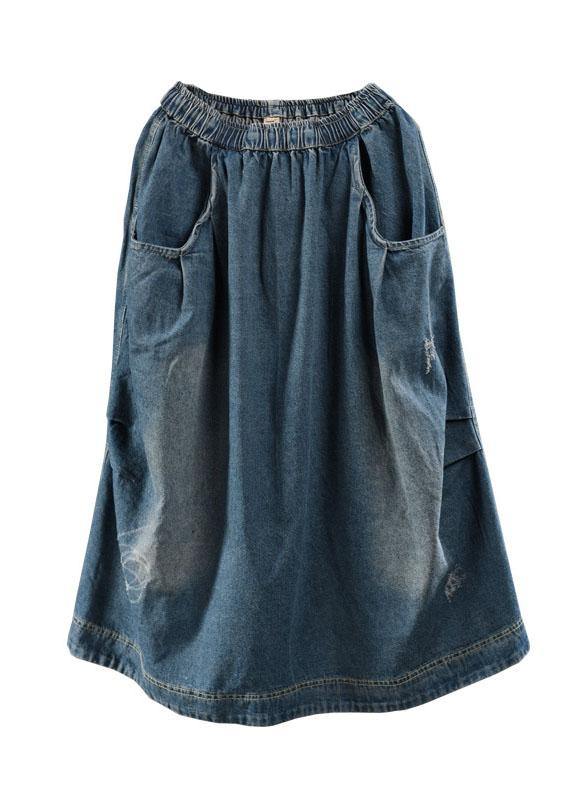 Blue-red flower Pockets Retro Patchwork Skirts Denim