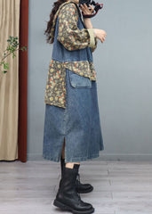 Blue Print Button Patchwork Denim Coat Asymmetrical Long Sleeve