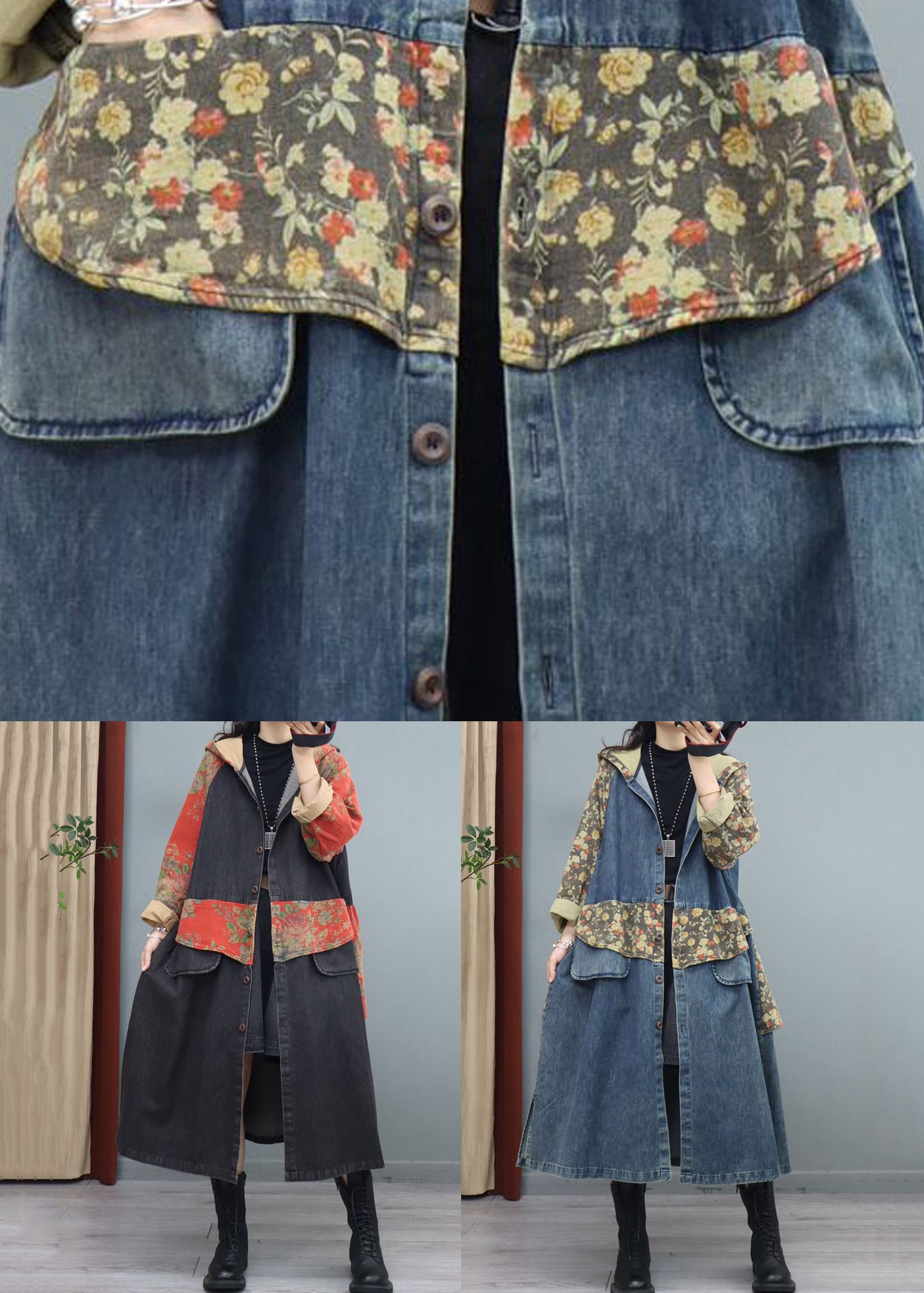 Blauer Print Button Patchwork Denim Mantel Asymmetrische Langarm