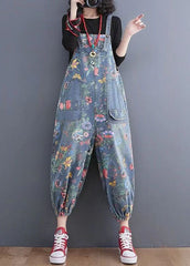 Blue Print Denim Spaghetti Strap Jumpsuits Pockets