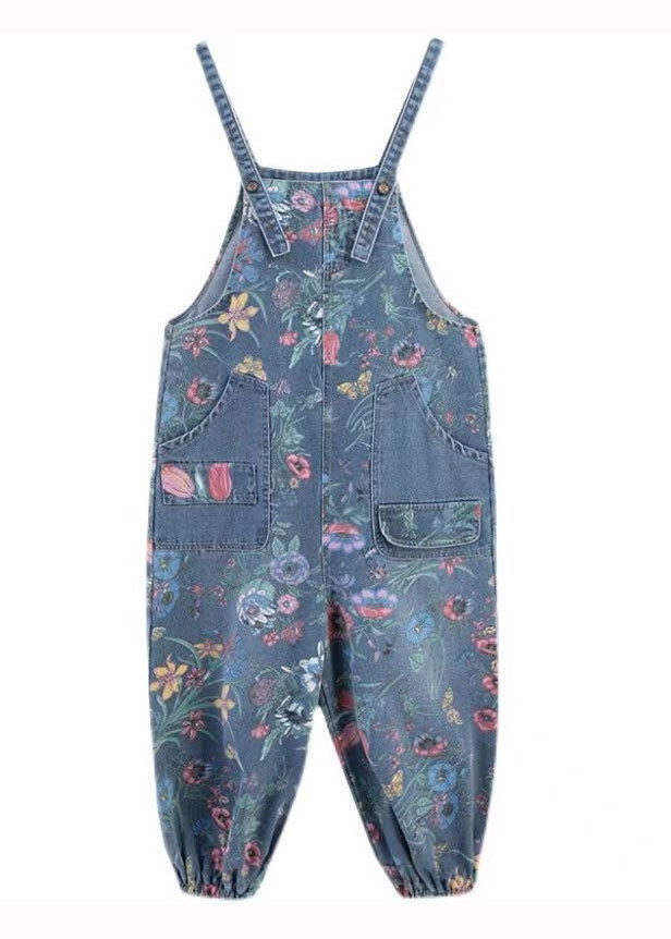 Blau bedruckter Denim-Jumpsuit mit Spaghettiträgern und Taschen