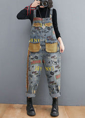 Blue Print Patchwork Denim Spaghetti Strap Jumpsuit