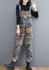 Blue Print Patchwork Denim Spaghetti Strap Jumpsuit