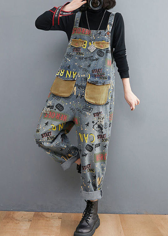 Blue Print Patchwork Denim Spaghetti Strap Jumpsuit