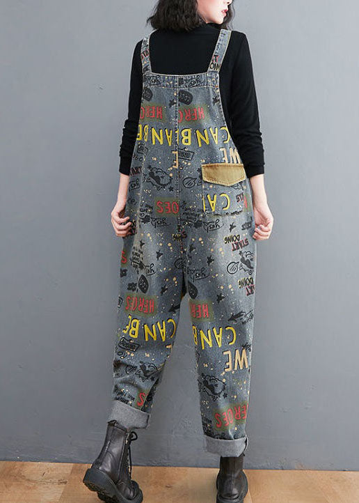 Blue Print Patchwork Denim Spaghetti Strap Jumpsuit