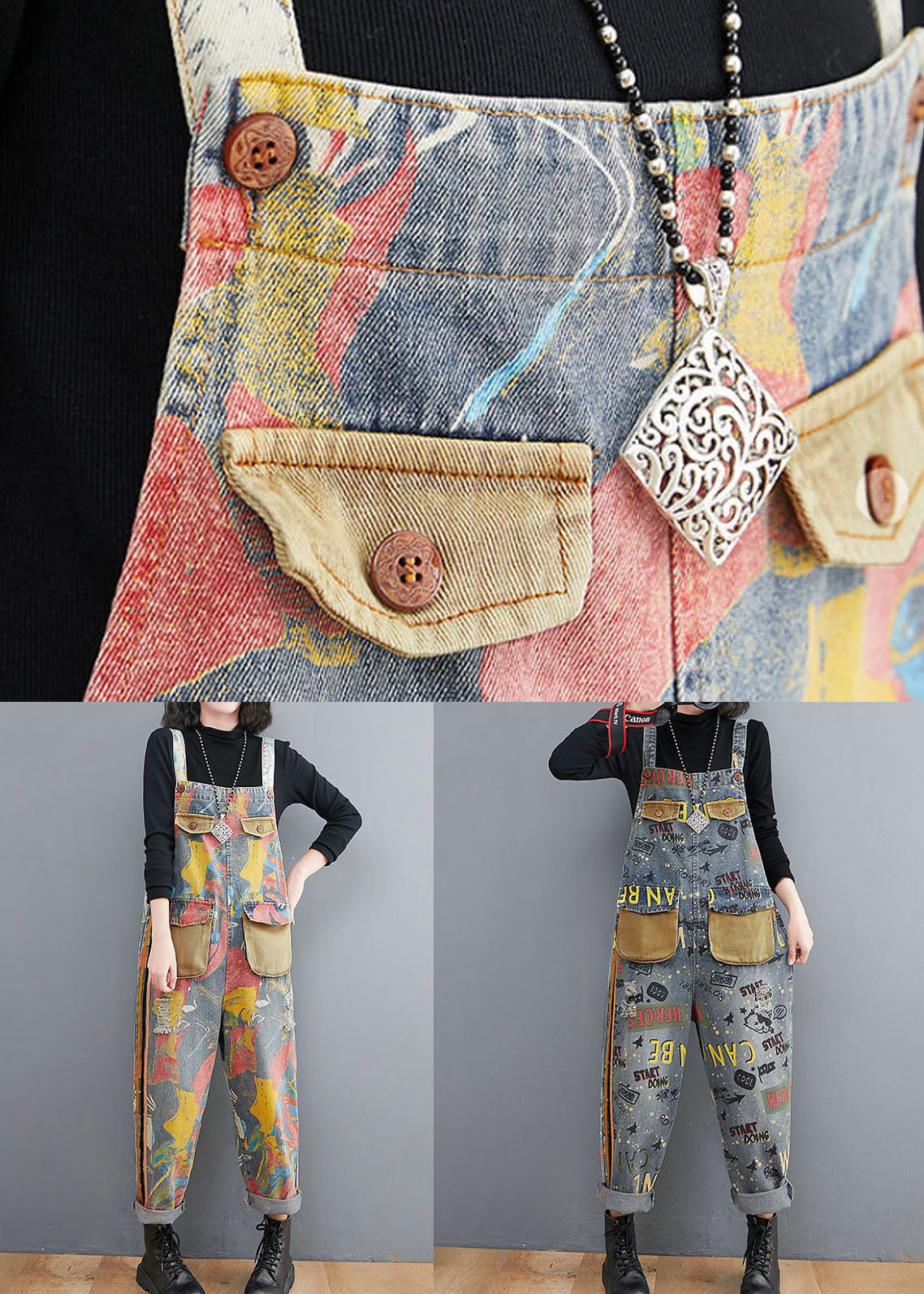 Blue Print Patchwork Denim Spaghetti Strap Jumpsuit