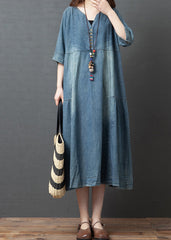 Blue Solid Patchwork Cotton Denim Dresses Button Half Sleeve