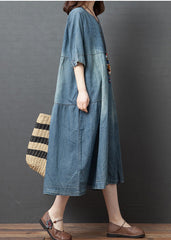 Blue Solid Patchwork Cotton Denim Dresses Button Half Sleeve