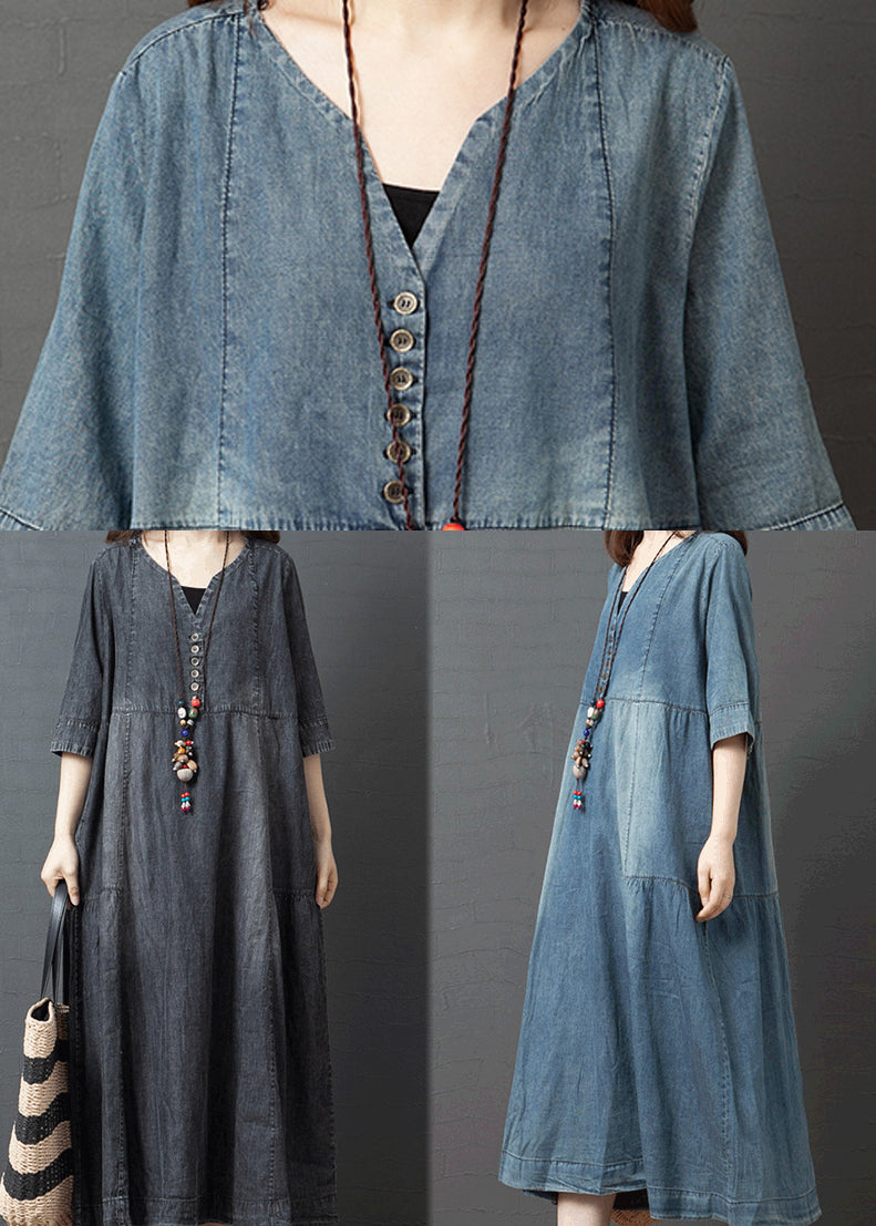 Blue Solid Patchwork Cotton Denim Dresses Button Half Sleeve