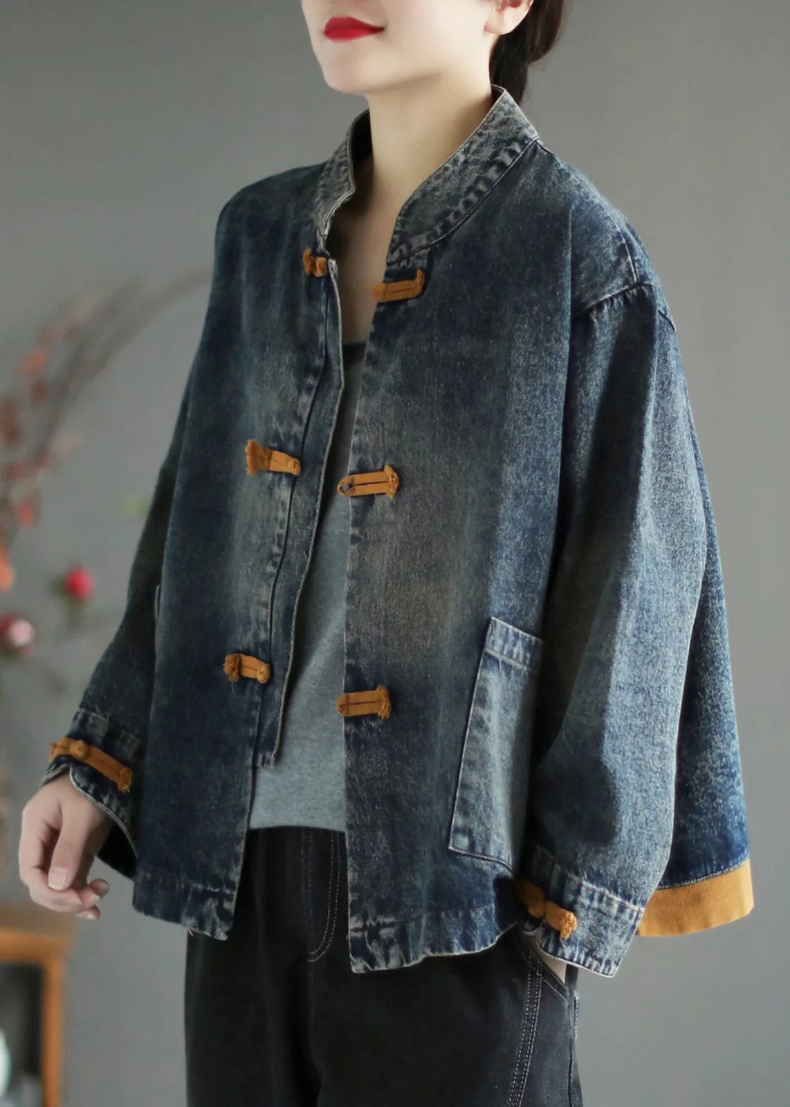 Blue Stand Collar Button Denim Coat Long Sleeve