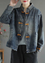 Blue Stand Collar Button Denim Coat Long Sleeve