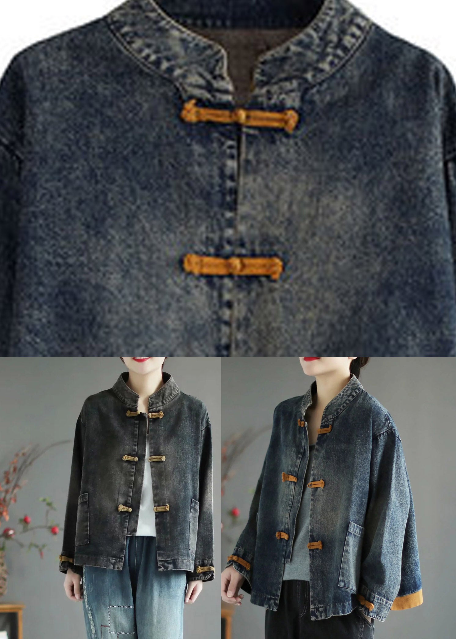 Blue Stand Collar Button Denim Coat Long Sleeve