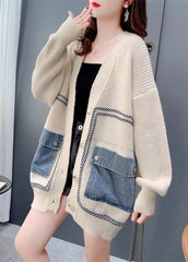 Bohemian Beige Übergroßen Denim Patchwork Strickjacke Winter