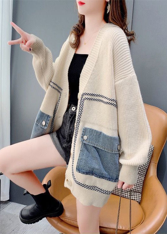 Bohemian Beige Übergroßen Denim Patchwork Strickjacke Winter