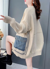 Bohemian Beige Übergroßen Denim Patchwork Strickjacke Winter