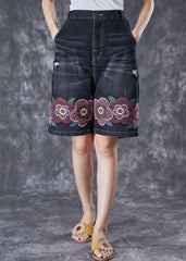 Bohemian Black Elastic Waist Embroideried Floral Denim Shorts