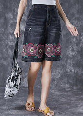 Bohemian Black Elastic Waist Embroideried Floral Denim Shorts