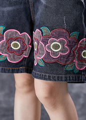 Bohemian Black Elastic Waist Embroideried Floral Denim Shorts