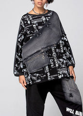 Bohemian Black Graphic Patchwork denim Top