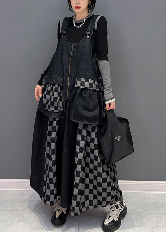 Bohemian Black Patchwork Cotton Denim Strap Dresses