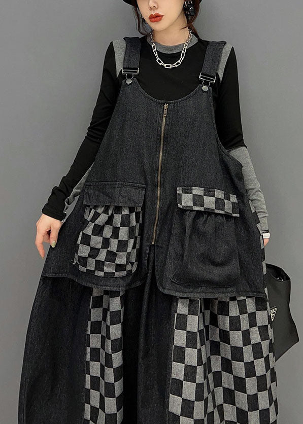 Böhmische schwarze Patchwork-Trägerkleider aus Baumwoll-Denim